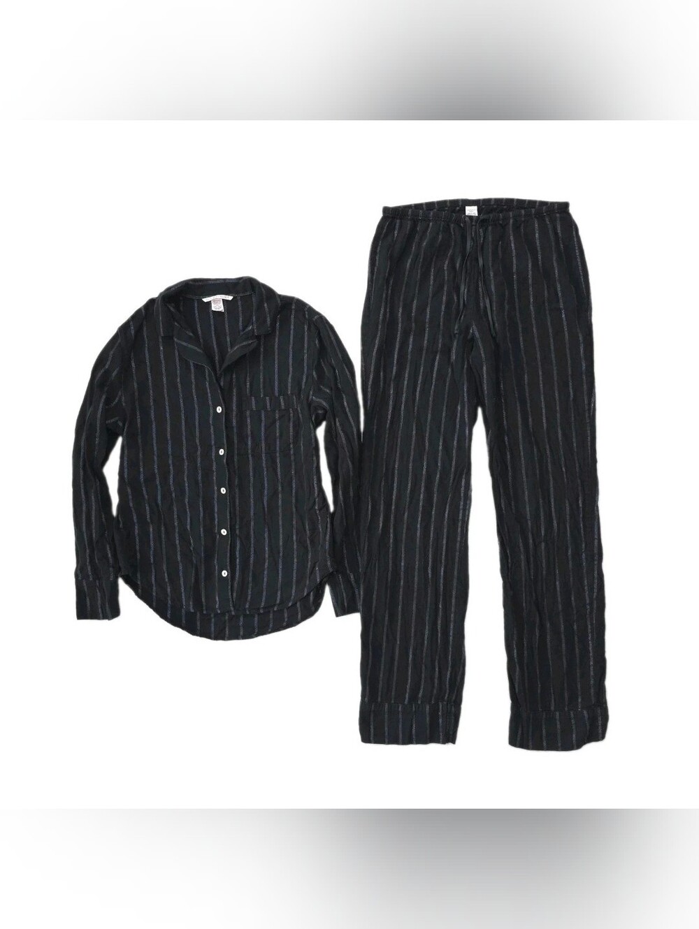 Victoria's Secret Pajamas Womens XS Black Silver Striped 2 Piece Set Top Pants